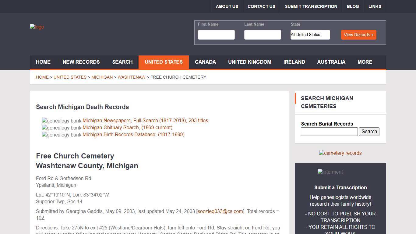 Free Church Cemetery - Washtenaw County, Michigan