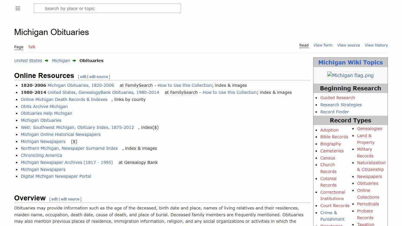 Michigan Obituaries • FamilySearch
